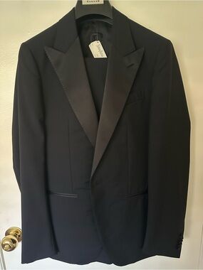 Caruso Black Peak-Lapel Satin Tuxedo suit